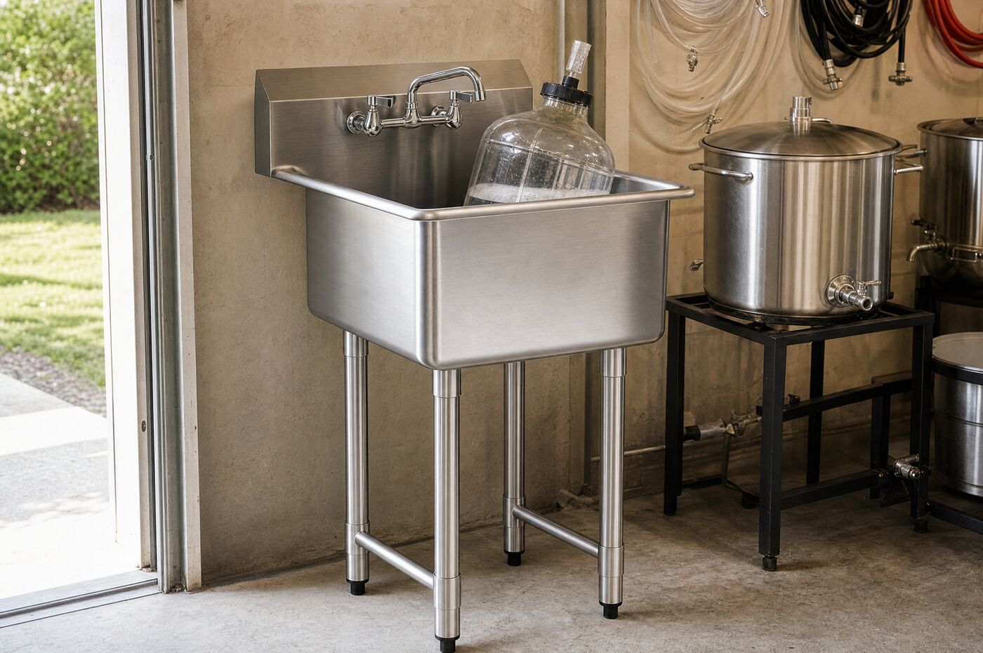 The prep sink in a home brewery beside a brew kettle