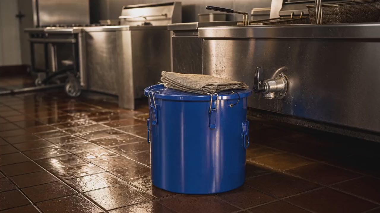 Slow push-in on the oil caddy beside a fryer
