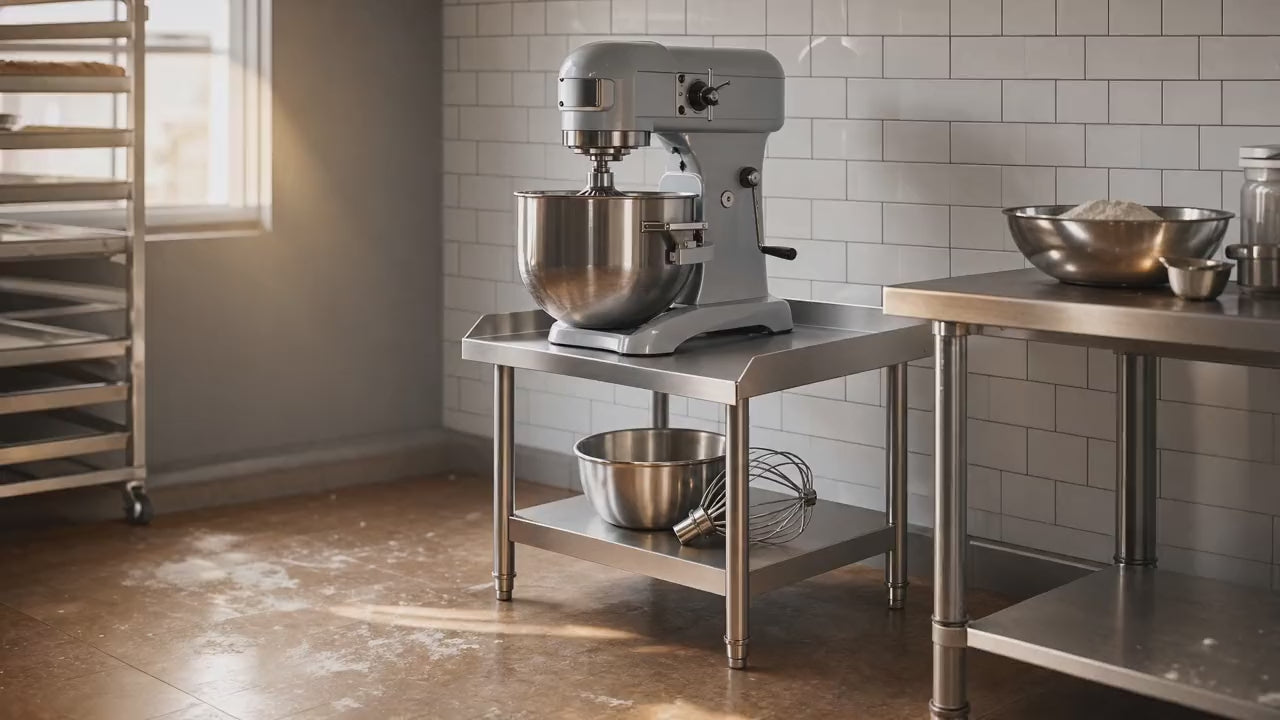 Slow push-in on the stand with a mixer turning on top