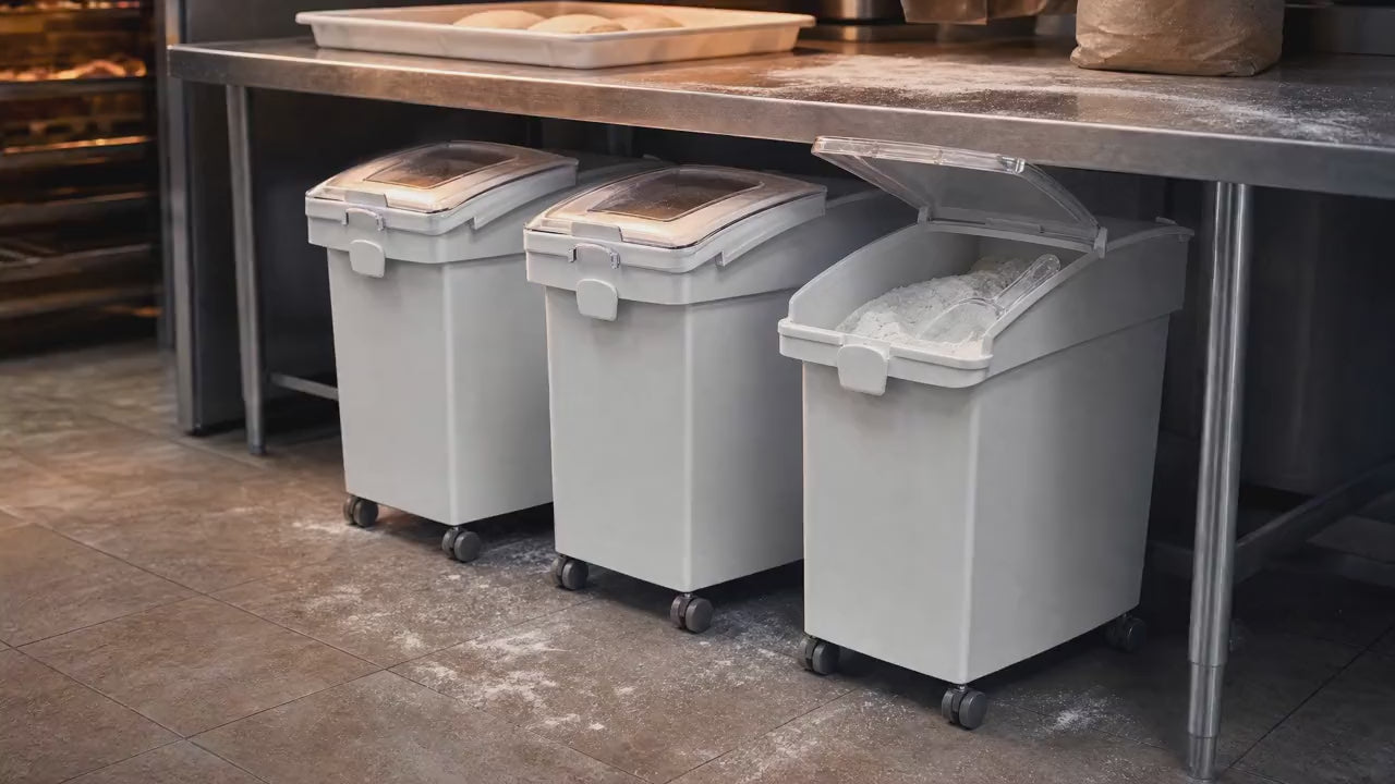 Slow push-in on the open flour bin under a bench