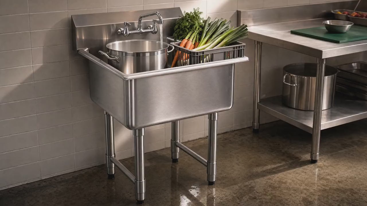 Slow push-in on the prep sink with a stockpot filling