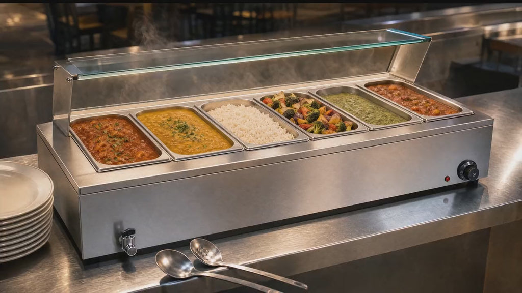 Slow push-in along the bain marie with steam rising under the glass