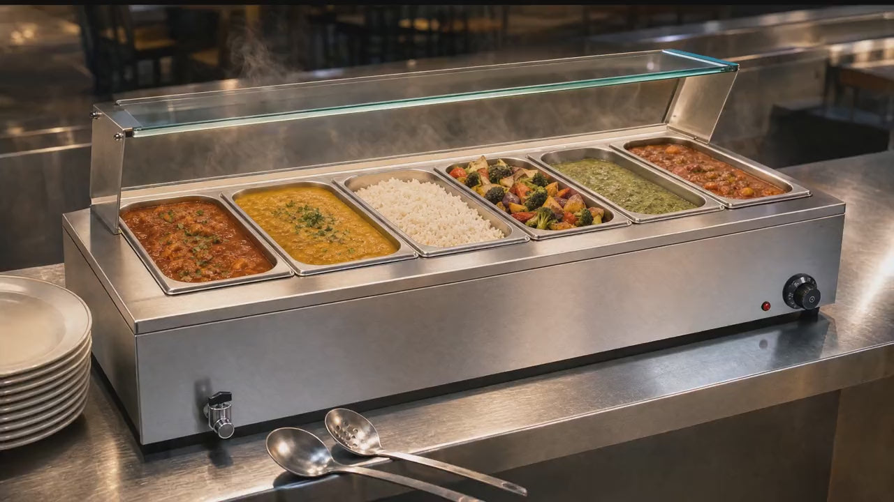 Slow push-in along the bain marie with steam rising under the glass