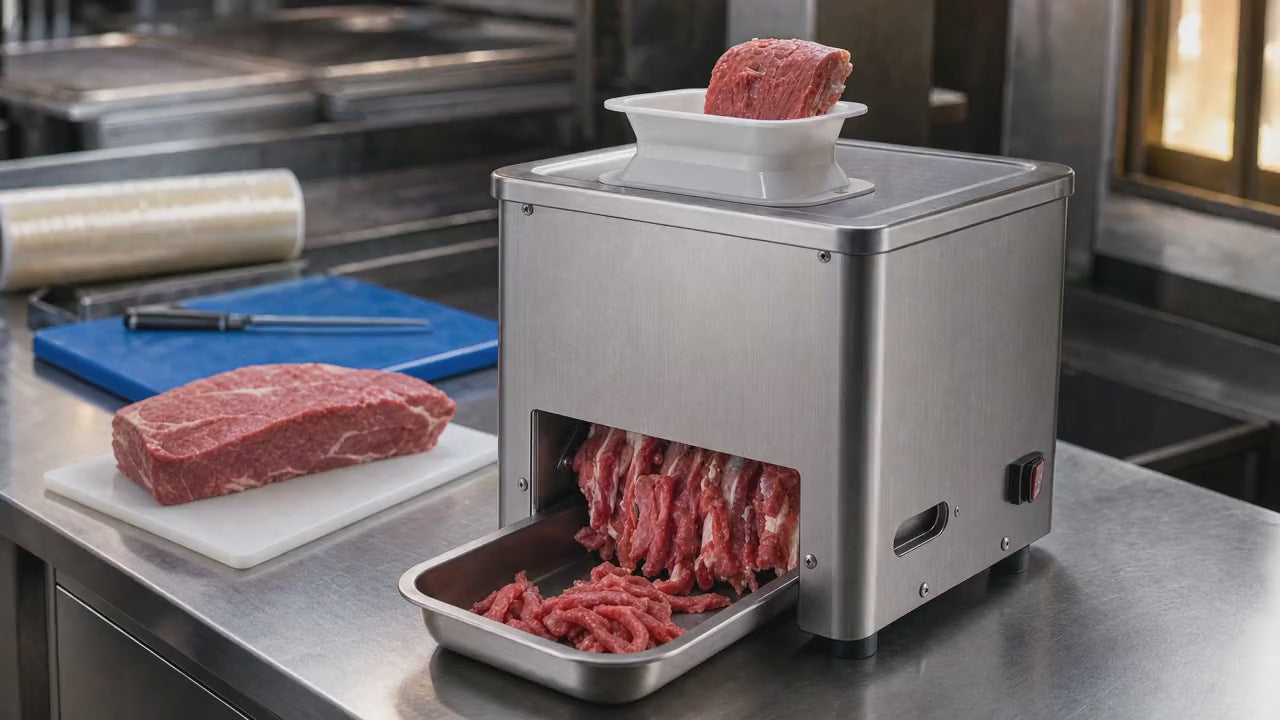 Slow push-in as strips of beef emerge from the cutter