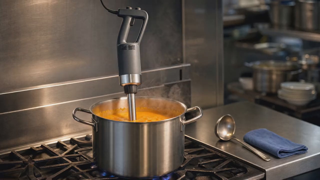 Slow push-in on the blender in a pot of soup