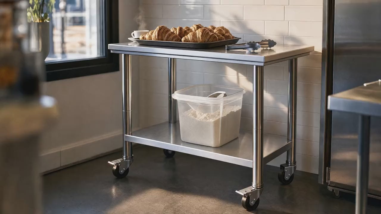 Slow push-in on the mobile work table in a café kitchen