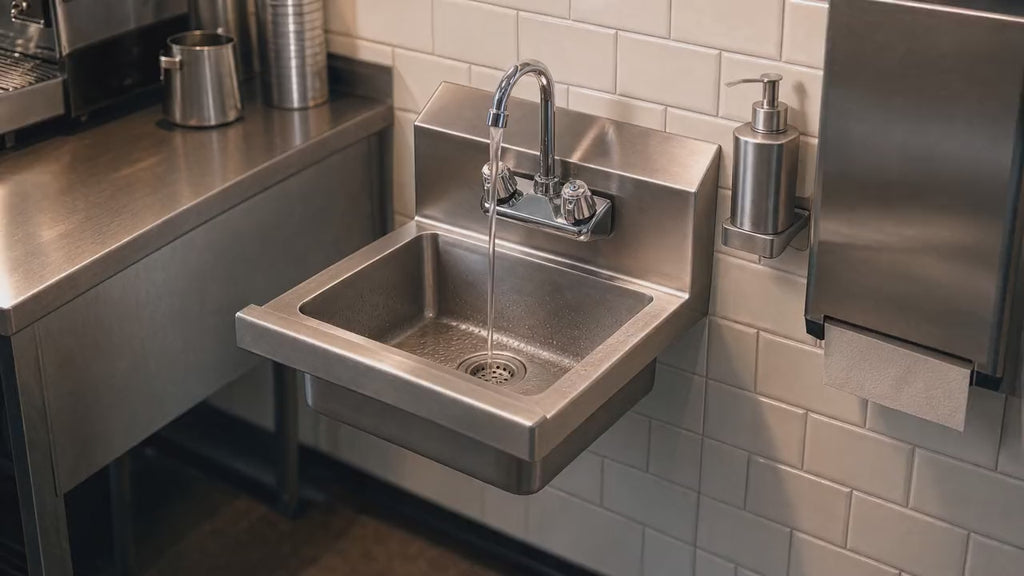 Slow push-in on the hand wash sink with water running