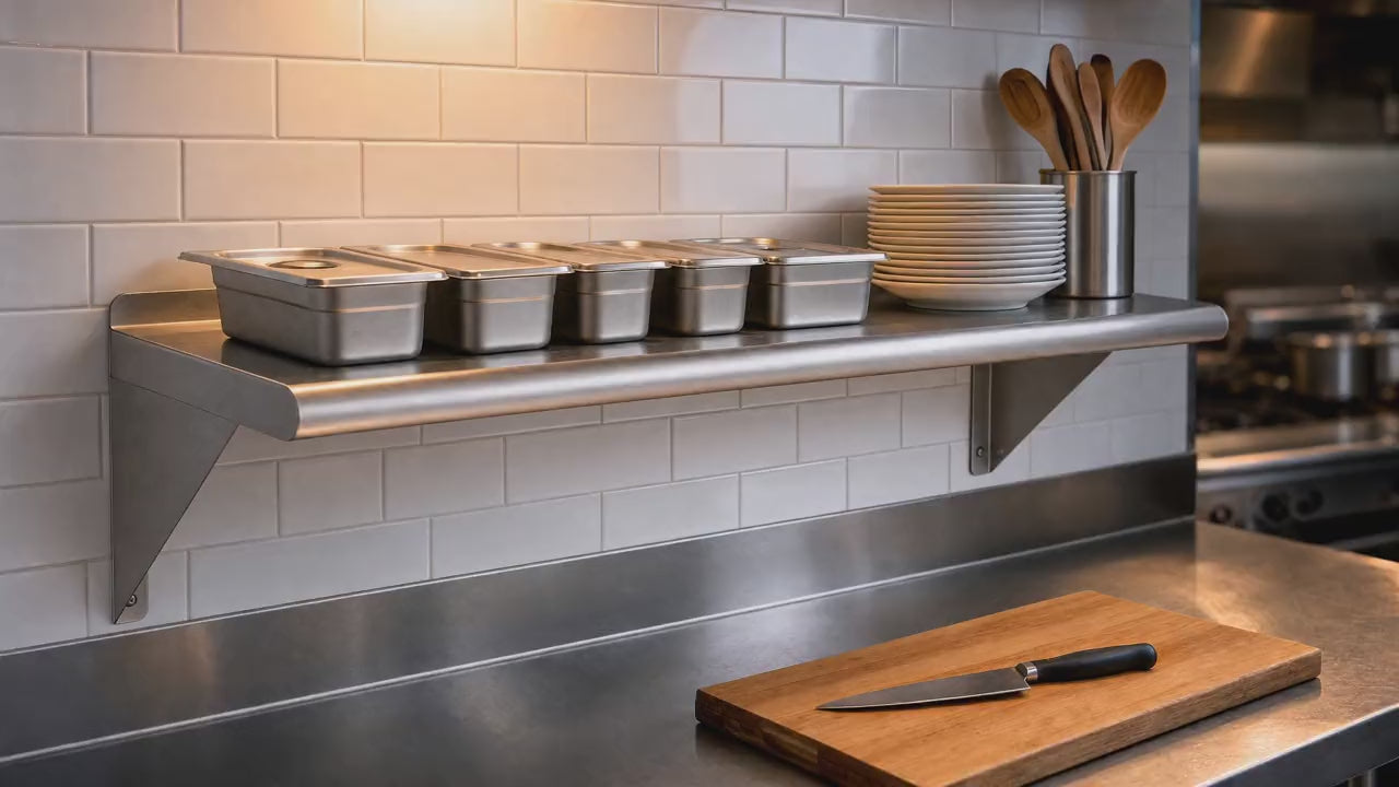 Slow push-in on the loaded shelf in a kitchen