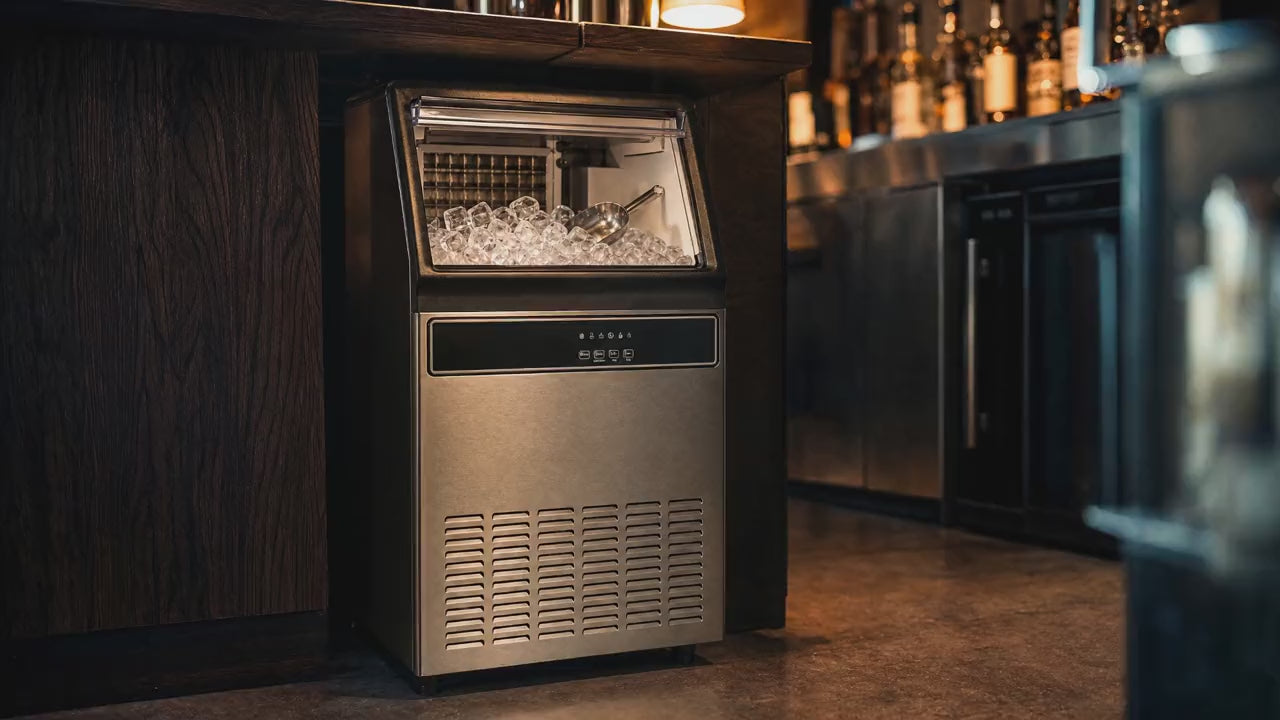 Slow push-in on the ice maker as cubes drop into the bin