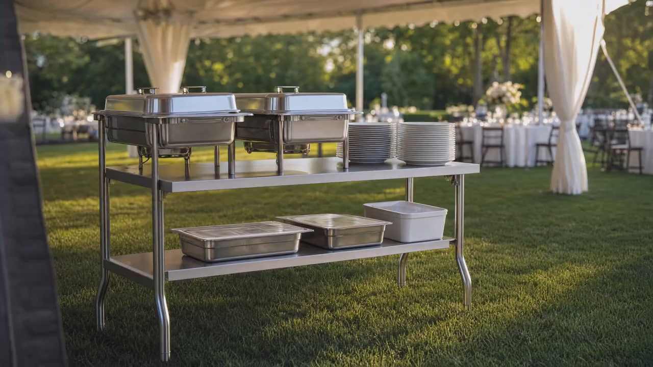 Slow push-in on the folding table under a marquee