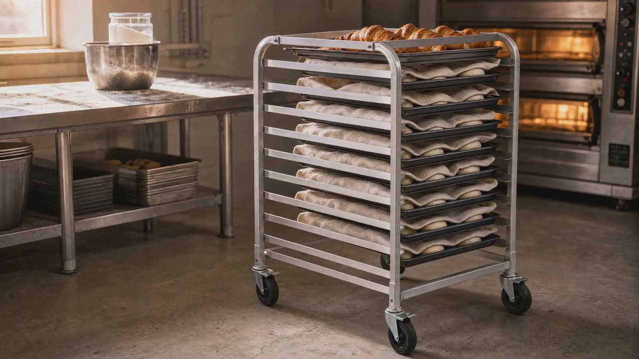Slow push-in on the loaded rack in a bakery