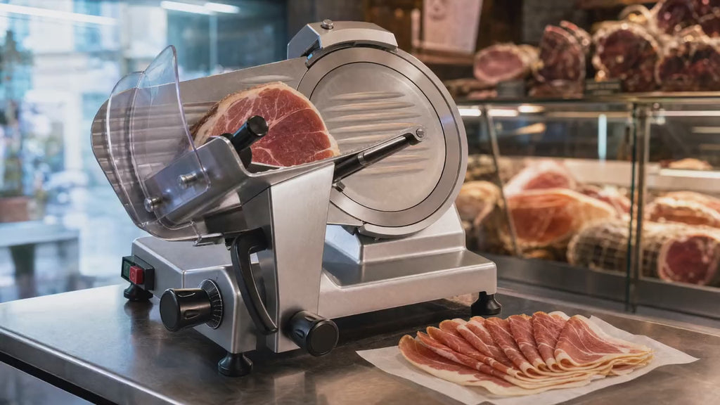 Slow push-in on the meat slicer as the carriage makes one pass