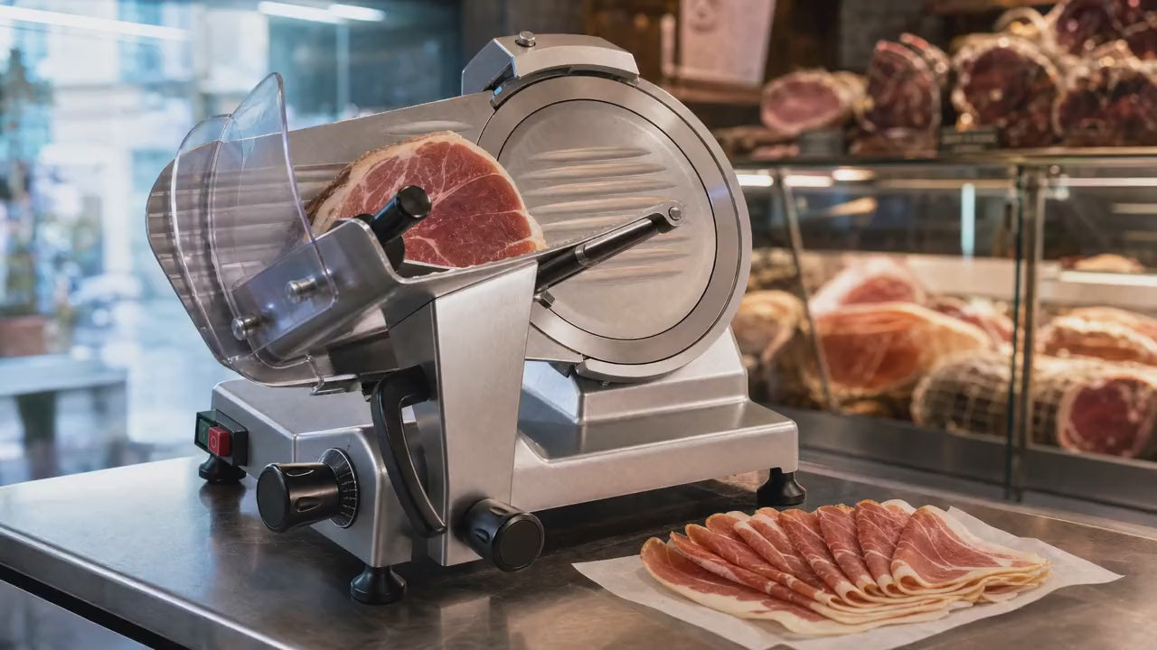 Slow push-in on the meat slicer as the carriage makes one pass