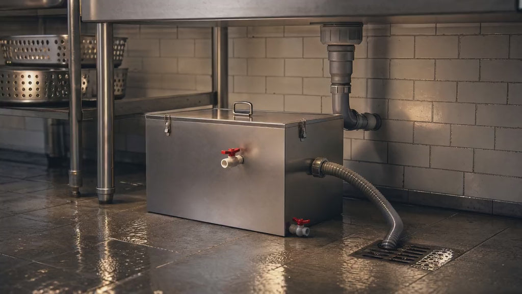 Slow push-in on the grease trap with water running into the inlet