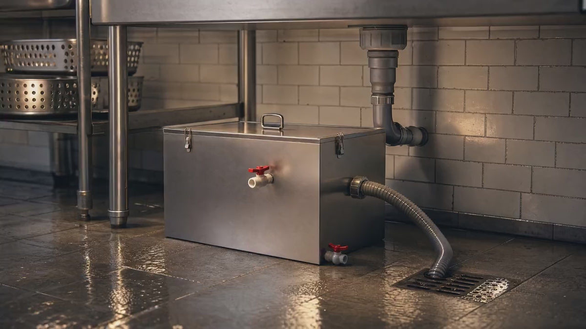 Slow push-in on the grease trap with water running into the inlet
