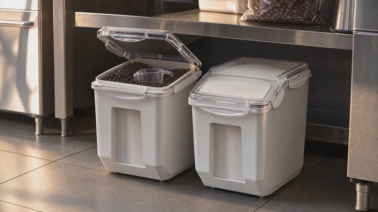 Slow push-in on the open bin of coffee beans