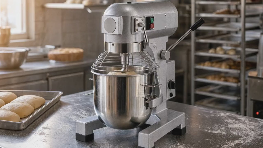 Slow push-in on the mixer kneading dough in a bakery