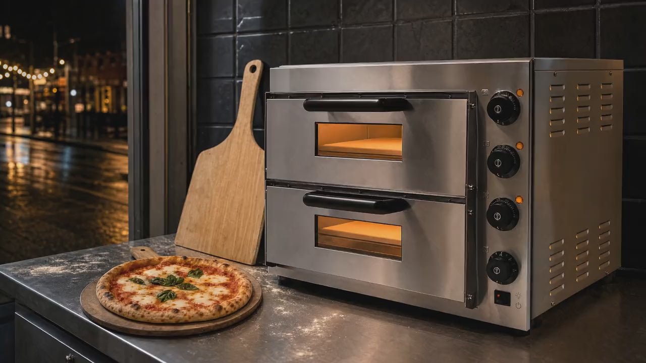 Slow push-in on the pizza oven at night