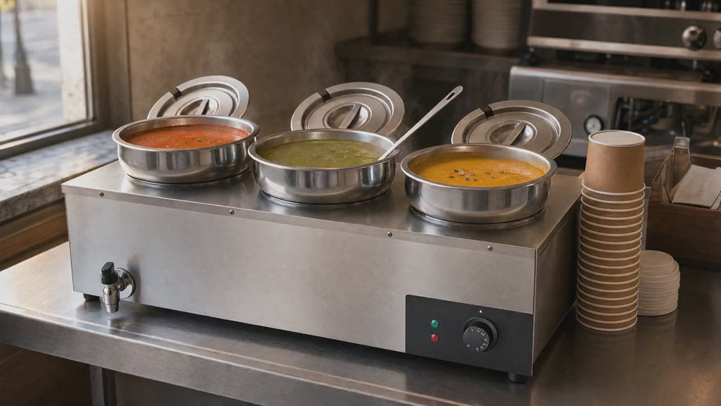 Slow push-in on the soup warmer with steam rising from the pots