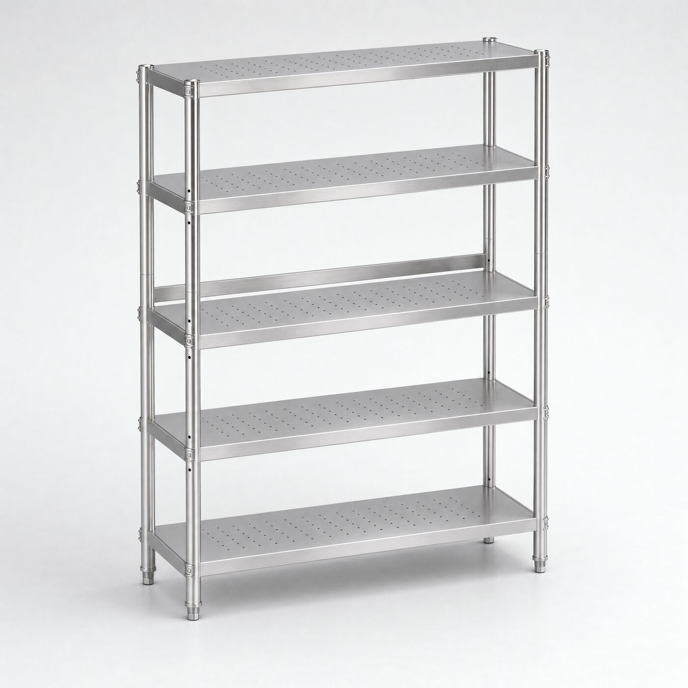 1200 Stainless Shelving Unit, five tiers, three-quarter studio view