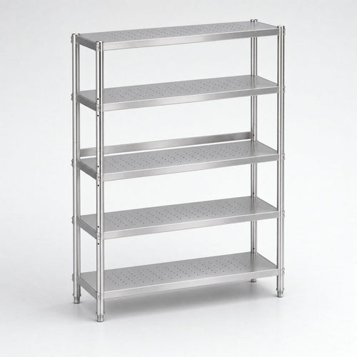1200 Stainless Shelving Unit, five tiers, three-quarter studio view