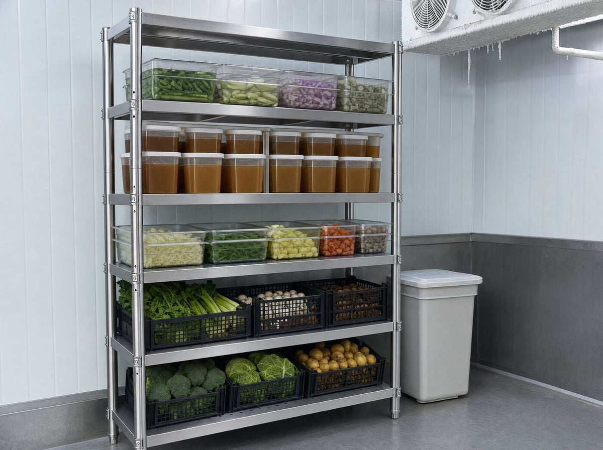 The shelving in a cool room holding trays, tubs and produce