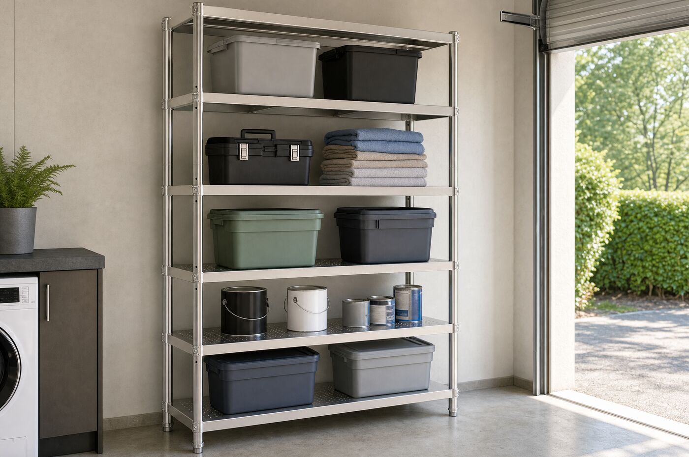 The shelving in a garage with storage tubs and tools