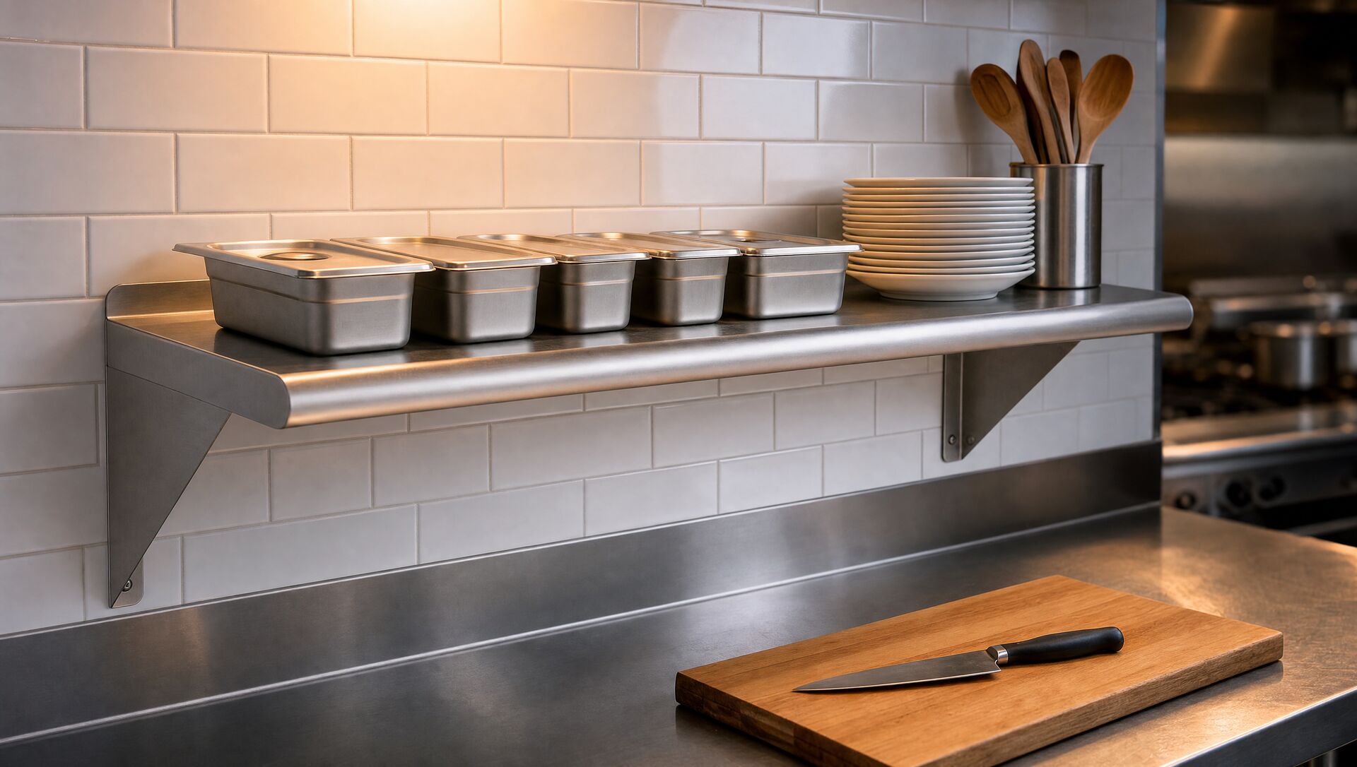 The shelf mounted above a prep bench holding gastronorm containers and plates