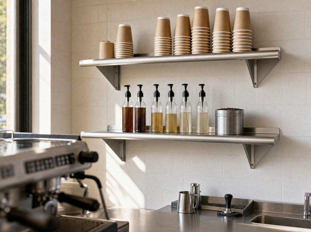 Two shelves above a cafe coffee bench with cups and syrups
