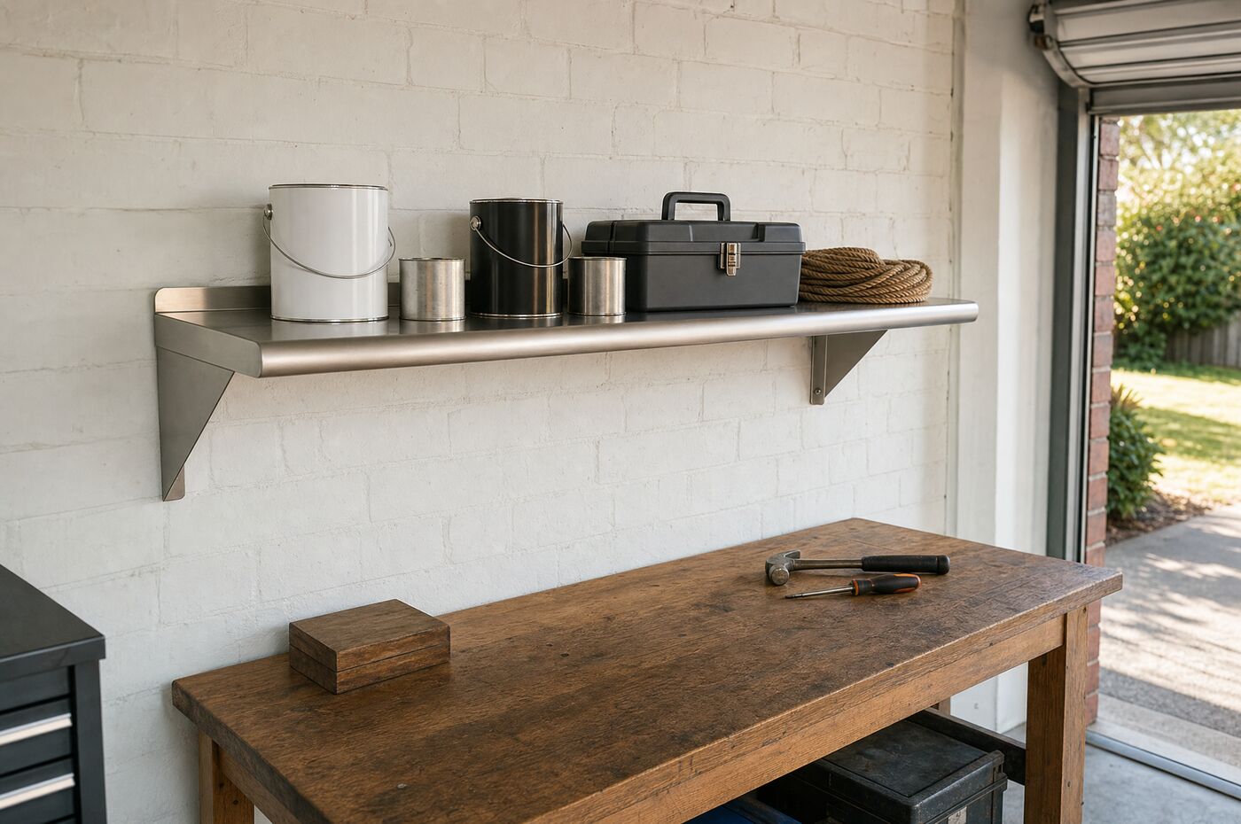 The shelf in a garage above a workbench