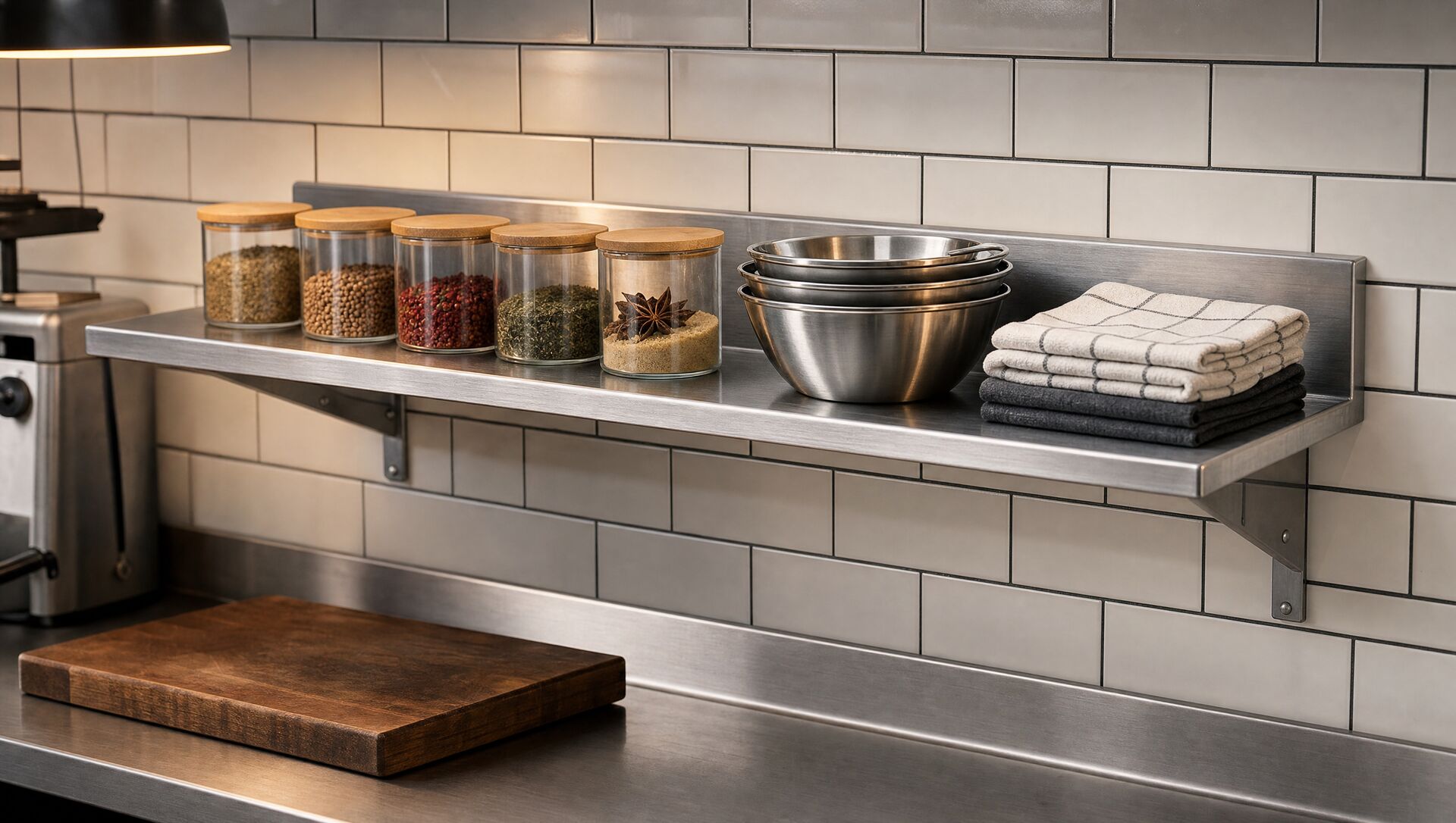 The wall shelf above a prep bench holding spice jars and stainless bowls