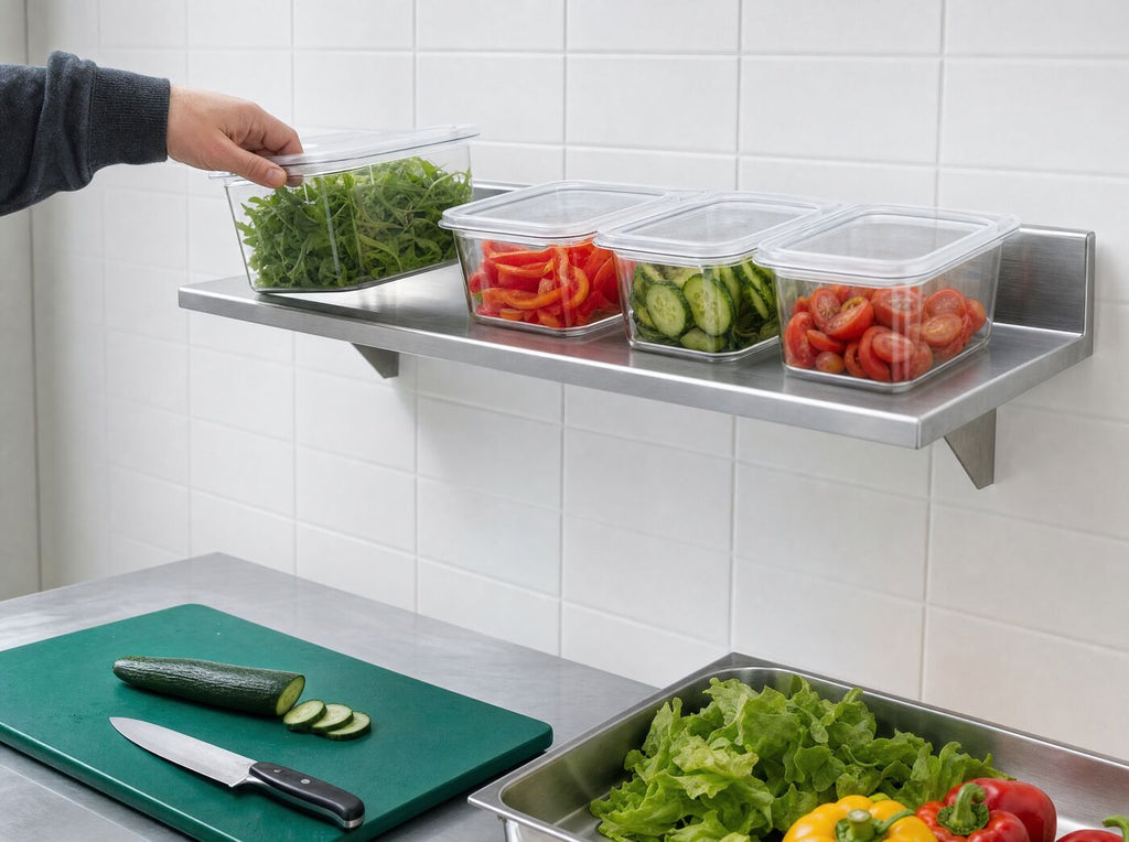A food storage tub being placed on the wall shelf