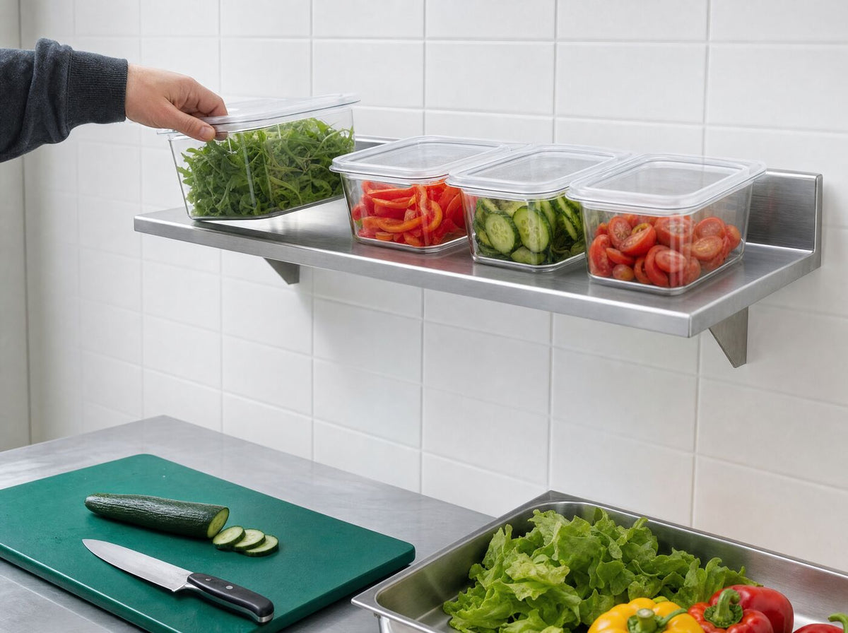 A food storage tub being placed on the wall shelf