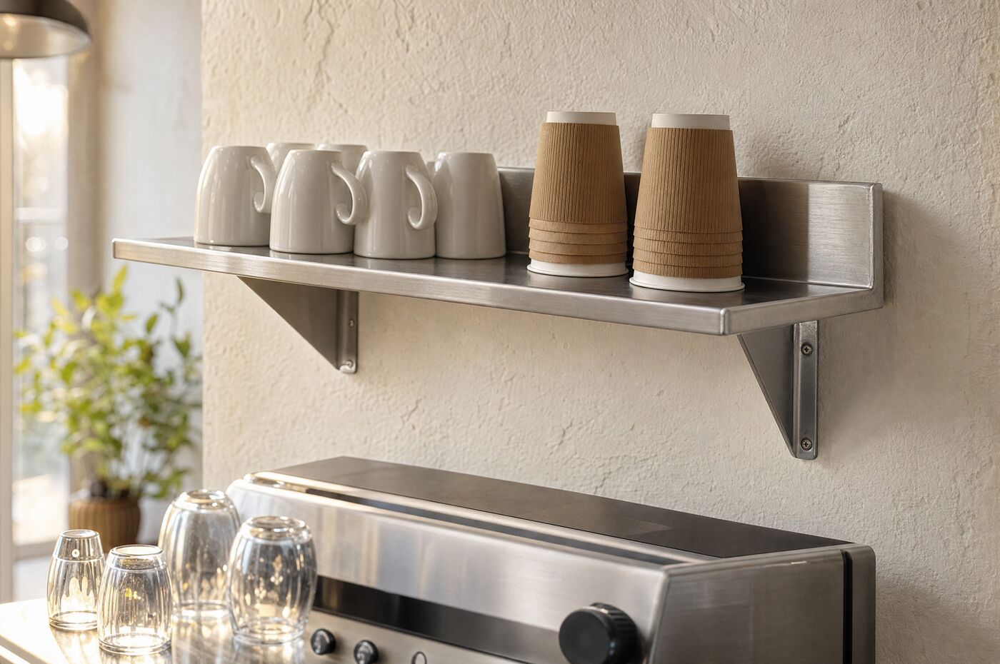 The wall shelf above a coffee machine holding cups